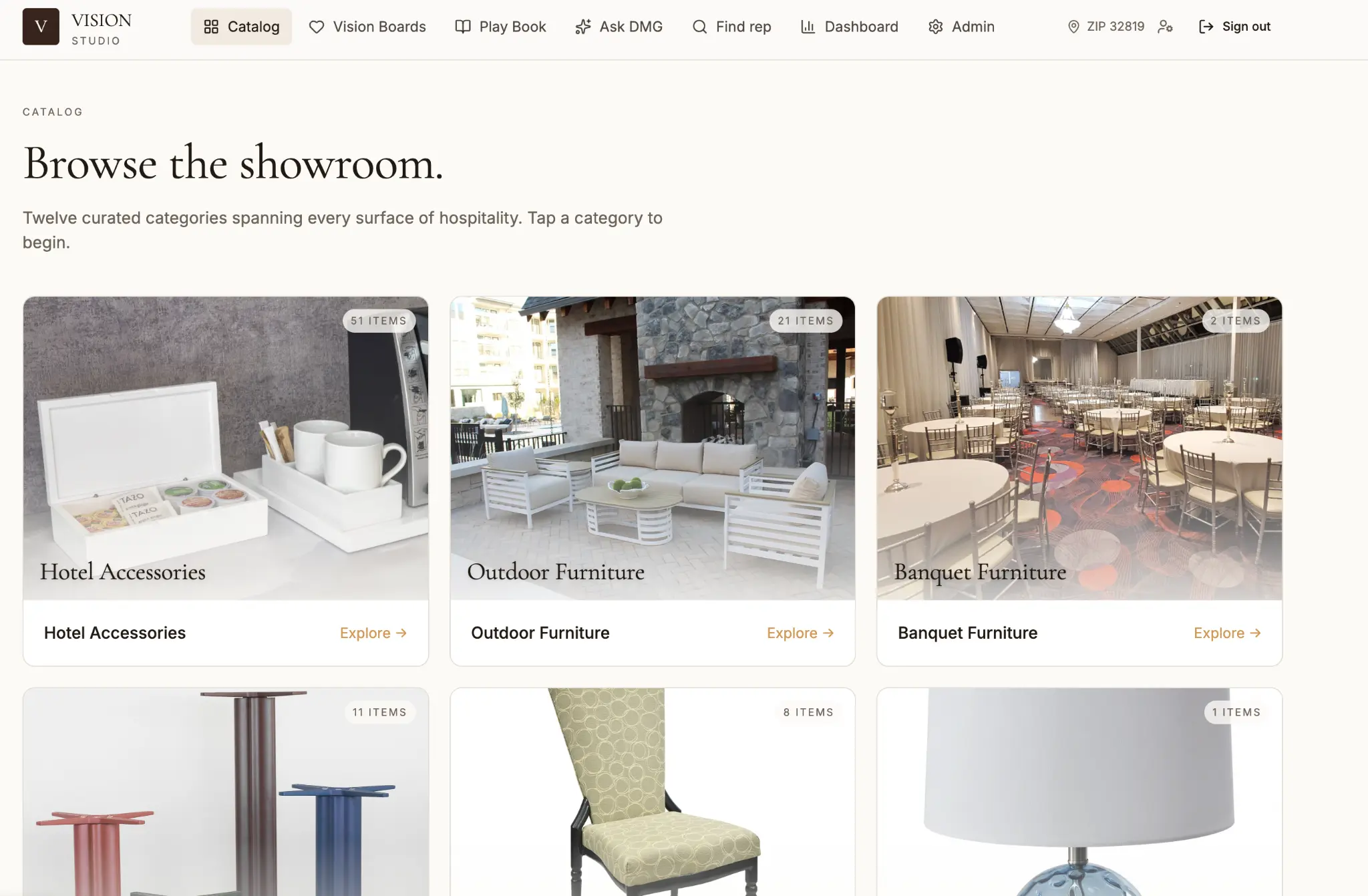 Vision private demo showing a curated hospitality catalog with visual category browsing.